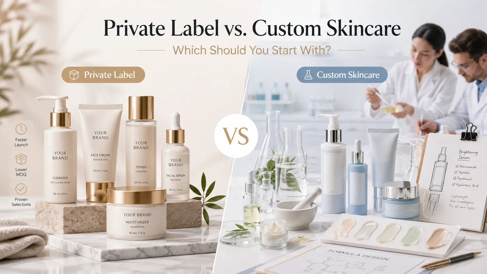 Side-by-side comparison of private label and custom skincare options, showing branded skincare products on the left and a lab setting for custom formulations on the right.